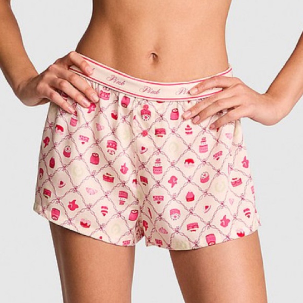 PINK Silky Sleep Boxer Shorts, Size Large, Cute Sweets Print